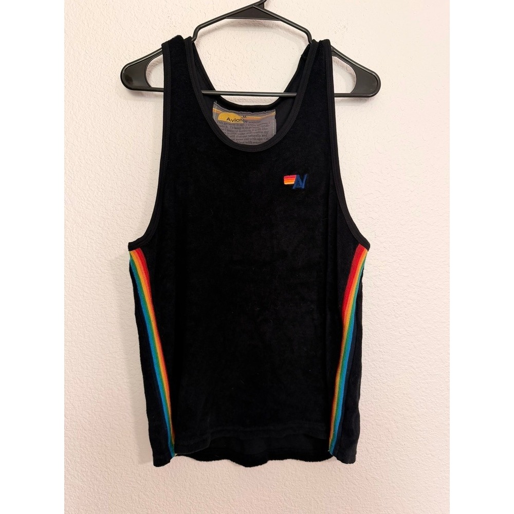 Aviator Nation Mens Terry Cloth Tank Top Black Rainbow Stripe Logo Size M USA